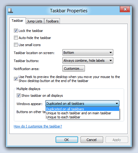 Multiple Monitor Taskbar on Windows 8
